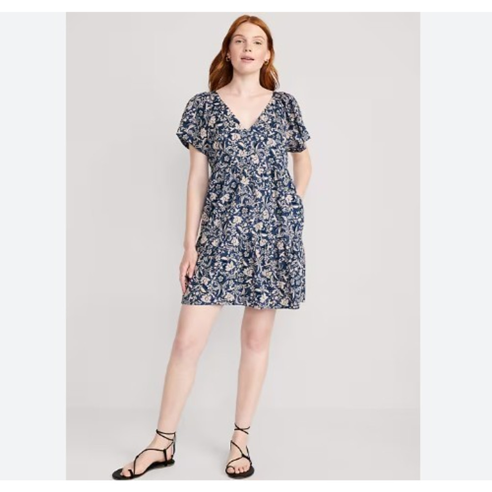 Old Navy Tiered Swing Dress Floral Ruffle Peasant Cottagecore Blue Womens XL - Picture 2 of 16